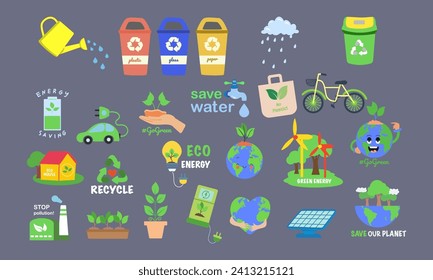 SHOTLISTeco. Ecology icon set. Earth, environment, sustainability, nature, recycle, renewable energy: Electric bike and car, eco-friendly, wind power, green symbol. Solid icons vector collection