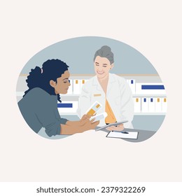 SHOTLISTHealth farmacia hablando mujer hablar medicina comprar paquete vector 