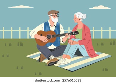 SHOTLISTlove, love theme, aged society concept, elderly old man play guitar and sing song for elderly old woman, warm summer garden, poster for memory, funeral, invitation card, 