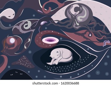 SHOTLISTretro image. Night mystery forest. Good for covers, invitations, postcards, flyers. Halloween. Children's illustration. Vector illustration.