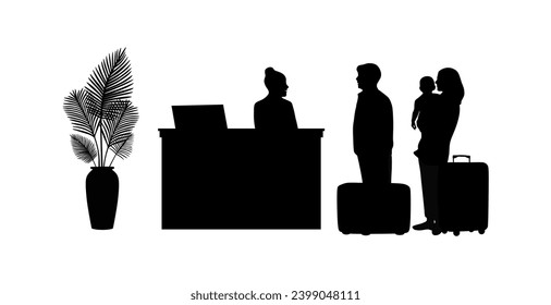 SHOTLISTtravel. Family checking in or checking out at the hotel reception. Family, parents and baby, receptionist, hotel, suitcase, tourist, travel. 