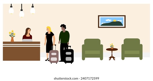 "SHOTLISTtravel". Hotel's reception. Happy couple with suitcases talking to receptionist. Checking or checkout concept. Cozy hotel lobby.