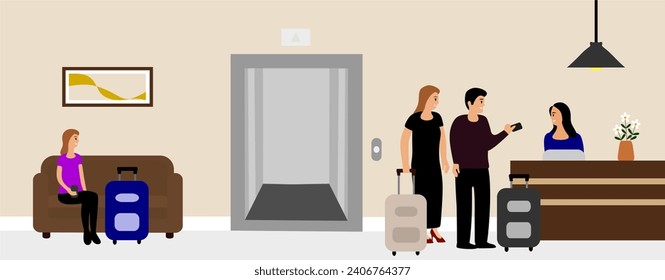 "SHOTLISTtravel". Hotel's reception. Happy family with suitcase at reception. Father paying the receptionist for accommodation. Checking or checkout.