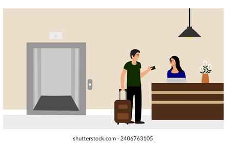 "SHOTLISTtravel". Hotel's reception. Happy man standing holding suitcase and paying receptionist for accommodation. Checking or checkout concept.