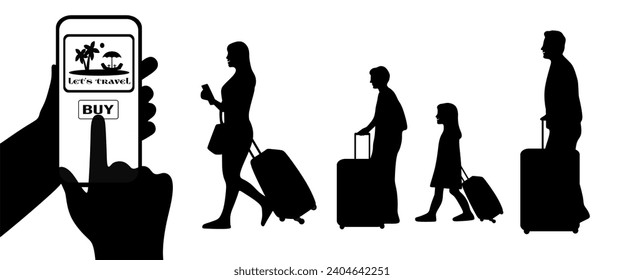 "SHOTLISTtravel". Human hands a cell phone and buying a ticket online. Silhouettes of happy family walking and holding travel suitcase. 