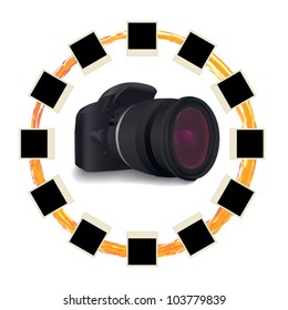 shots around digital camera over white vector illustration