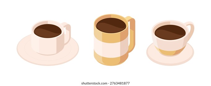 Shots of espresso. Vector isometric set of concentrated coffee beverage with strong and intense flavor. Isolated served small cups with hot robust drink. Coffee served for cafeterias and restaurants