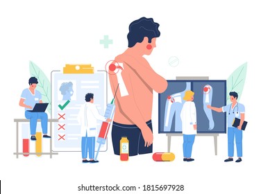 Shoulder Arthritis. Patient Suffering From Joint Pain, Flat Vector Illustration. Tiny Doctor Characters Holding Syringe With Injection, Looking At Xray Pictures In Clinic. Osteoarthritis Joint Disease