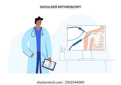 Procedimiento de artroscopía de hombro. Lágrimas de corte del rotador o reemplazo de la articulación del hombro. Cirugía mínimamente invasiva. Tratamiento de ligamentes, dolor de tendonitis o inflamación de artritis ilustración vectorial médica