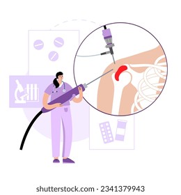 Shoulder arthroscopy procedure. Subacromial decompression, bursitis or shoulder joint replacement. Minimally invasive surgery. Pain or arthritis inflammation in human body medical vector illustration