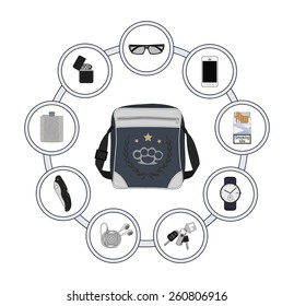 Shoulder bag contents. Every day carry objects in round frame. Vector clip art illustrations isolated on white