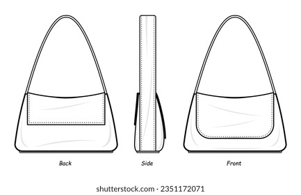 Moda de la bolsa de hombro planilla de dibujo técnico plano. Ilustración de la moda de la bolsa de hombro. boceto, vista frontal, lateral y trasera. conjunto, color blanco. Burla de CAD.