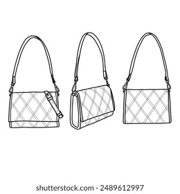 Schultertasche flache Skizze Vektorillustration. Vorderansicht, Rückansicht und Seitenansicht