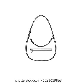 Shoulder bag for women, quilted handbag with zip pocket line art. Outline vector doodle illustration front view, isolated on a white background