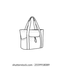 Shoulder bag with zipper and front pocket with drawstring line art, tote bag, travel bag. Vector illustration of top handle bag icon line isolated on a white background