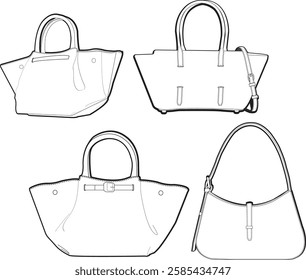 Shoulder bags design silhouette drawing bags vector accessories fashion technical drawing black and white sketch 