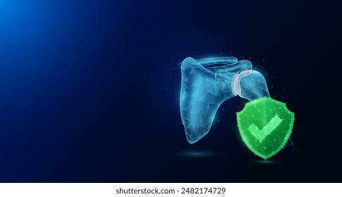 Shoulder bone human organ anatomy with check mark in green shield glowing. Protection arthritis osteoporosis. Medical science concept. Banner empty space for text. Vector EPS10.