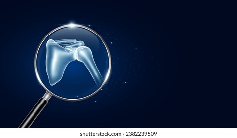 Shoulder bone in magnifying glass with scan search and blue glowing neon heart pulse. Health care and medical check up too innovative digital technology. Body health checkup examining organ. Vector