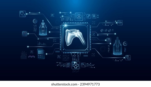 Shoulder bone organ human in microchip processor circuit board. HUD interface and a hologram. Modern treatment future medicine. Innovative health care analysis of AI technology digital hi tech. Vector