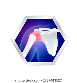 Shoulder bone pain and joint arthritis cartilage in hexagon label aluminum. Human skeleton anatomy. Foods logo products template design. Medical food supplement concepts. Vector EPS10.