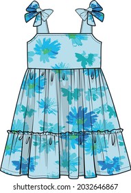 SHOULDER BOW TIE UP TIERED SUMMER DRESS FOR KID GIRLS AND TODDLER GIRLS IN EDITABLE VECTOR