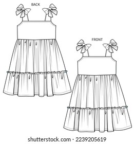 SHOULDER BOW TIE UP TIERED SUMMER DRESS FOR KID GIRLS AND TODDLER GIRLS IN EDITABLE VECTOR