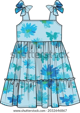 SHOULDER BOW TIE UP TIERED SUMMER DRESS FOR KID GIRLS AND TODDLER GIRLS IN EDITABLE VECTOR