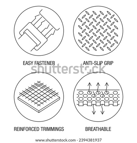 Shoulder brace sling benefits. Icons set for labeling. Breathable, Reinforced trimmings, Easy fastener and Anti-slip grip. In thin lines