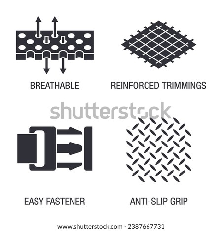 Shoulder brace sling properties icons set for labeling. Breathable, Reinforced trimmings, Easy fastener and Anti-slip grip. In flat monochrome style