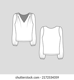 Shoulder Button gathering top V Neck shoulder detail Gathering cuff hem Long Sleeve fashion T shirt blouse flat sketch technical drawing template design vector