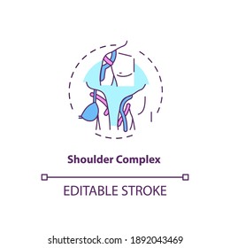 Shoulder complex concept icon. Muscle sprain protection. Anatomical diagram. Prevent injury. Kinesiology tape idea thin line illustration. Vector isolated outline RGB color drawing. Editable stroke