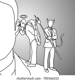 Shoulder devil and angel vector illustration doodle sketch hand drawn with black lines isolated on gray background. Business decision concept.
