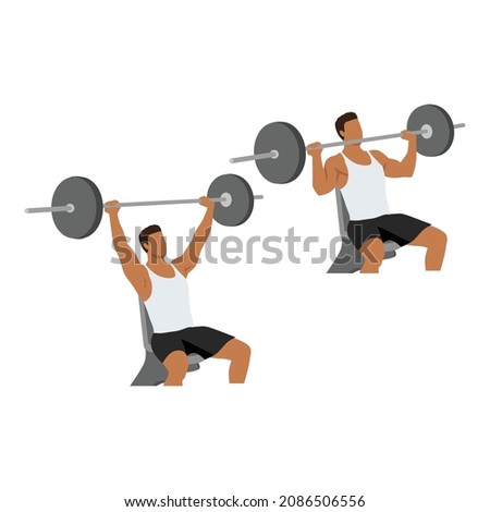 shoulder Exercises. Barbell shoulder press. Flat Design Bodybuilder Character Lifting Barbell. isolated character

