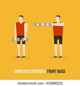 Shoulder Exercises. Front Raise. Flat Design Bodybuilder Character Lifting Dumbbell.