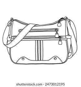 Bolso de hombro Multi Bolsillo Cross body Bag Señoras Medianas Carteras espaciosas Moda Tote Top Handle Satchel Line art, contorno de Vector doodle ilustración frente y vista lateral, aislado sobre fondo blanco