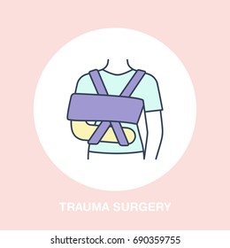 Shoulder immobiliser for broken leg icon, orthopedic surgery line logo. Flat sign for trauma rehabilitation equipment shop.