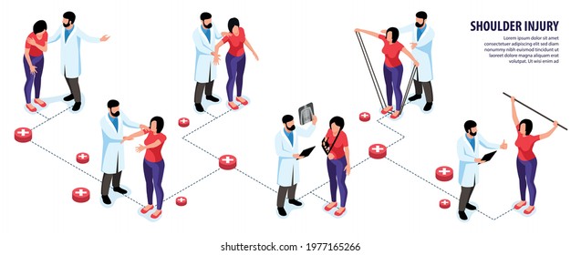 Shoulder injury infographics scheme with medical staff helping rehabilitation of patients vector illustration
