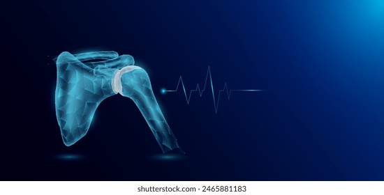 Shoulder joint bone human organ skeleton anatomy in form style polygon low poly futuristic and pulse wave glowing. Medical science template banner with empty space for text. Vector EPS10 illustration.