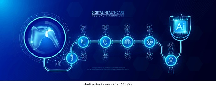 Shoulder joint bone organ human and AI chip medical in stethoscope with icon cross, syringe, hospital, doctor. Technology digital health care check up modern. Dark blue background banner vector.