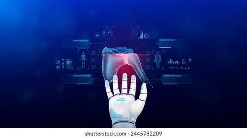 Shoulder joint bone scanning robot diagnose disease on hand. Screen digital interface of system MRI scan human body organ DNA analysis. Health care innovation. Science medical technology. Vector.