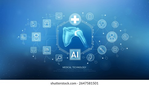 Hueso de la articulación del hombro translúcido con iconos de la red médica sobre fondo azul. Inteligencia artificial (IA) en la tecnología de atención médica. Innovación en salud digital y diagnóstico médico inteligente. Vector. 