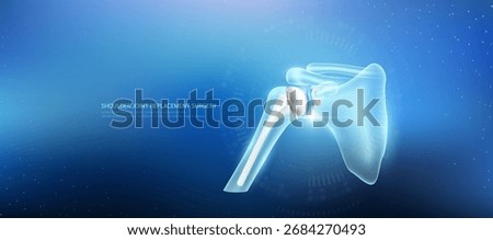 Shoulder joint replacement. Prosthetic implant integrated into the upper arm bone socket. Orthopedic technology artificial joint surgery in a transparent anatomical. Medical health care vector.