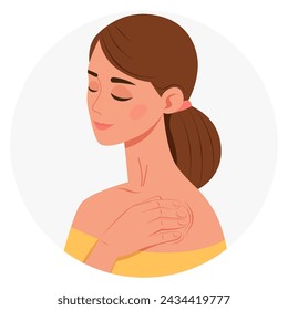 Shoulder massage. Girl massaging neck and shoulders. Self-massage. Self-treatment procedure for muscle and joint pain. The concept of health and medicine. Vector. Flat. Simple.