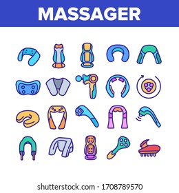 Shoulder Massager Collection Icons Set Vector. Body And Foot Massager Equipment For Relaxation, Electric Wearable Pulse Neck Device Concept Linear Pictograms. Color Illustrations - Shutterstock ID 1708789570