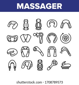 Shoulder Massager Collection Icons Set Vector. Body And Foot Massager Equipment For Relaxation, Electric Wearable Pulse Neck Device Concept Linear Pictograms. Monochrome Contour Illustrations