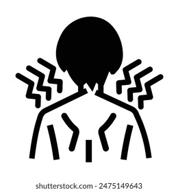 Ilustración de icono de dolor de hombro, cuello o espalda con contorno negro aislado sobre fondo blanco cuadrado. Dibujo de dibujos animados simple plana temática del cuidado de la salud.