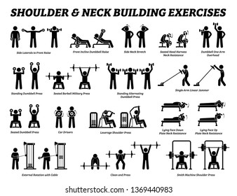 Shoulder and neck building exercise and muscle building stick figure pictograms. Set of weight training reps workout for shoulder and neck by gym machine tools with instructions and steps.