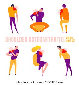 Schulter Osteoarthritis Symbole im modernen, vereinfachenden Stil. Hüftknochenverletzung. Knochenzeichen gebrochen. Vektorgrafik in hellvioletten, gelben, orangefarbenen Farben. Medizin, Gesundheitskonzept.