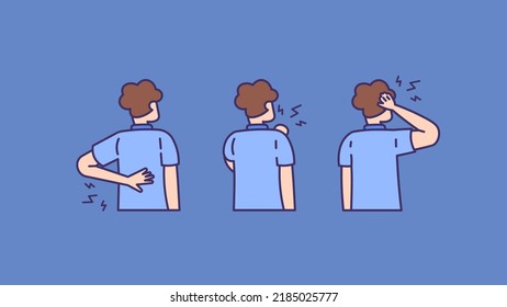 shoulder pain, headache, backache. a collection or set of illustrations of male characters holding head, shoulders and back in pain. stiff muscles. health problems. cartoon and outline style. people