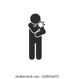 shoulder pain icon. Person holding on to the shoulder. Monochrome black and white symbol. Vector illustration